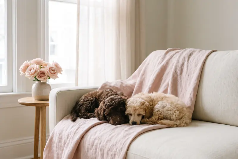 Dois cachorros Caniche Anão, um castanho e um creme, deitados numa manta rosa