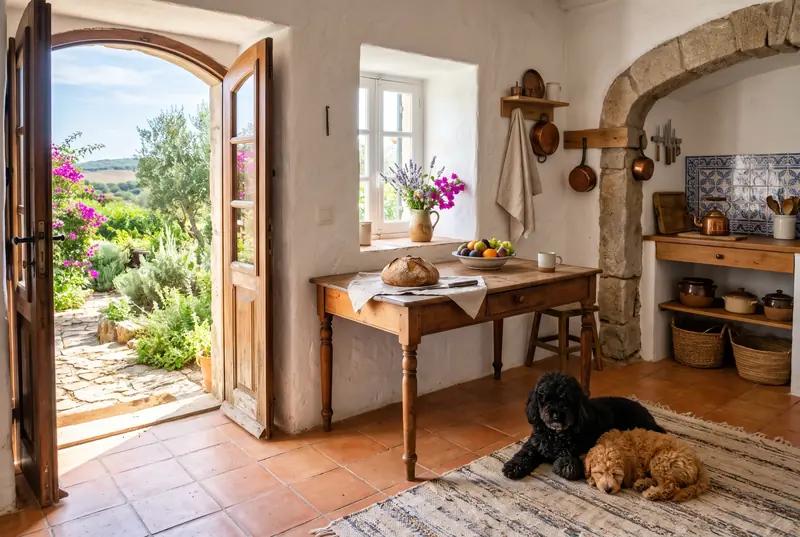 Dois caniches, um preto e um damasco, deitados numa cozinha de casa portuguesa