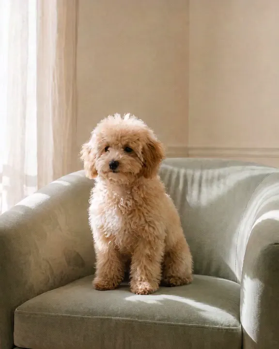 Cachorro Caniche Anão damasco sentado numa poltrona verde-sálvia, junto a uma janela