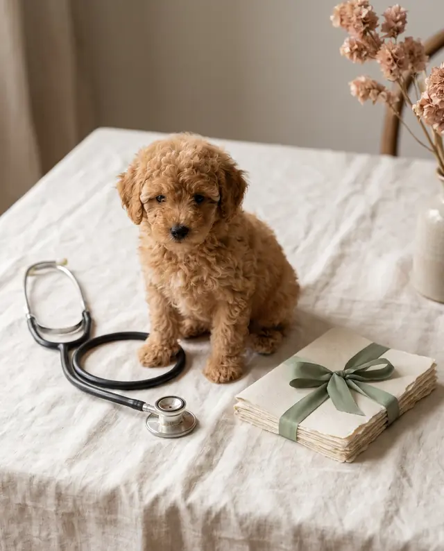Cachorro Caniche Anão damasco sentado junto a um estetoscópio